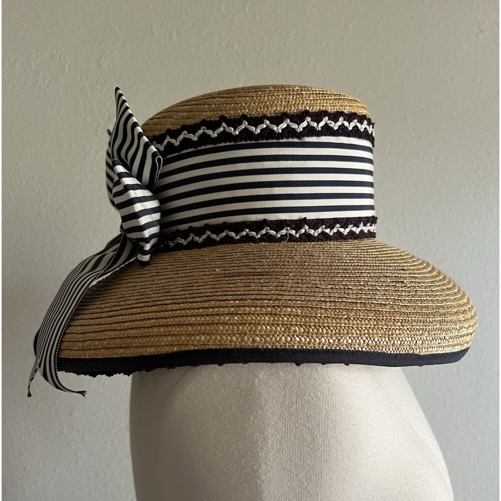 Vintage Women's Straw Boater Hat Wide Brim Blue White Grosgrain Ribbon Bow - Picture 3 of 8